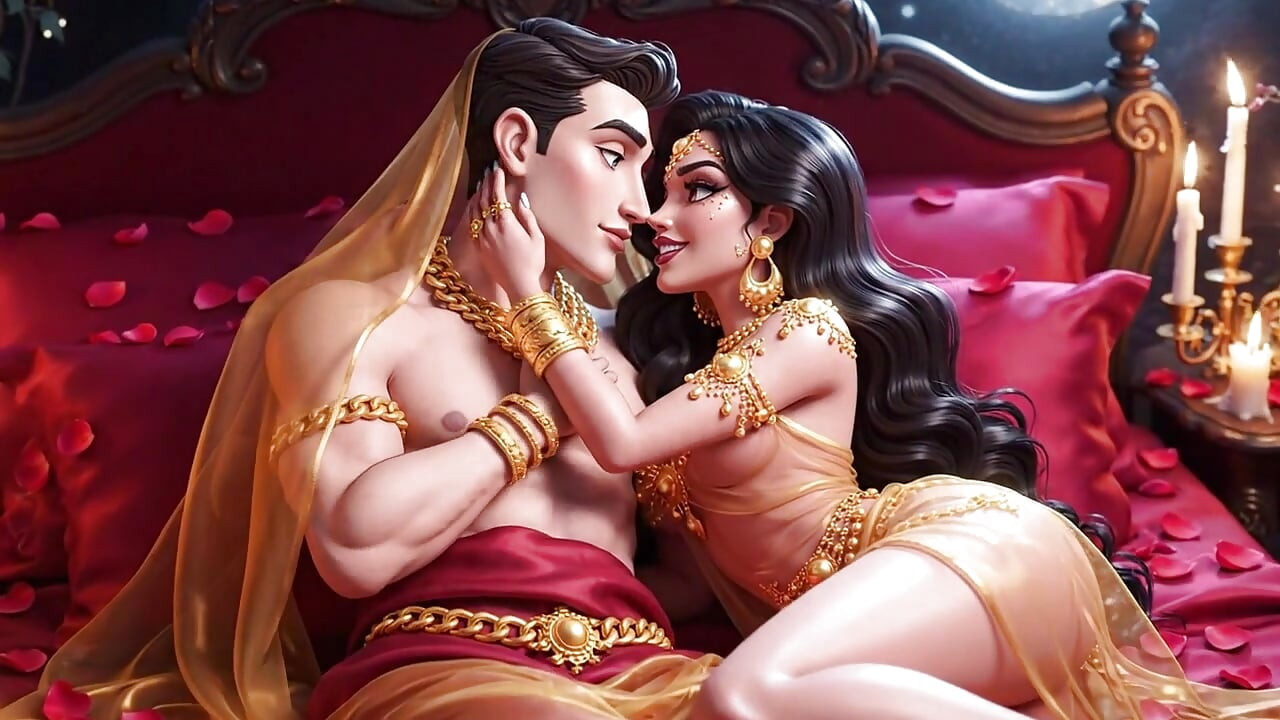 Erotisk Fantasy Romantik - Gyldende Smykker Par Dybe Kys & Seng Leg