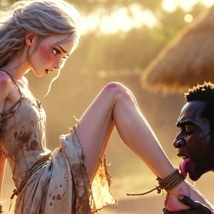White Woman in Bondage - African Man Passionate Foot Licking