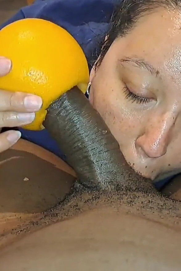 BBW Sucking BBC Balls Stroking His Dick with Grapefruit