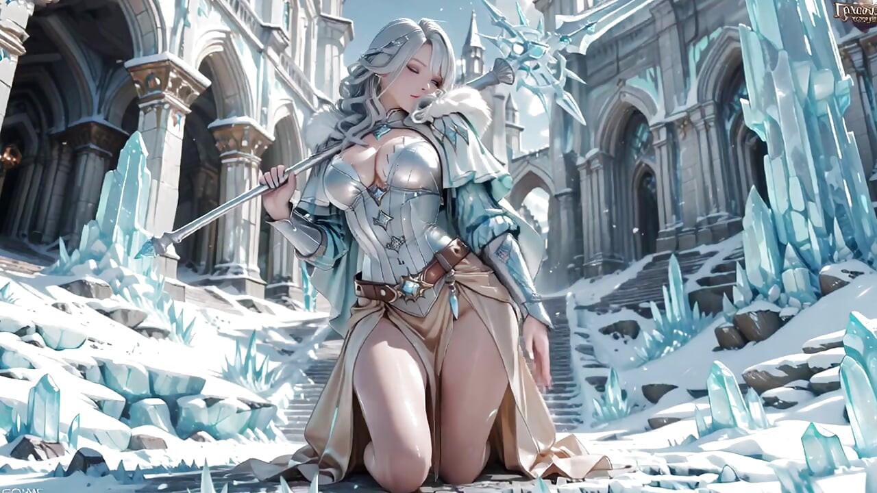 Silver-Haired Ice Queen! Kneeling in the Frozen Castle, her cold armor hides so many secrets. Hand on chest, biting lips...