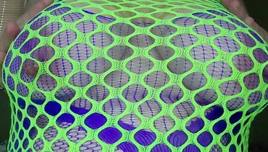 Neon Green Fishnet MILF Slut Takes Huge Blue Dildo Deep – Wet Pussy Stretching & Creamy Orgasm