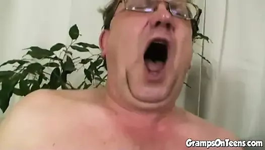 Teen fucks gramps in trio with his old lady