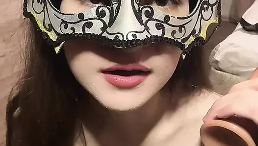 Russian slut in stockings gives drooling blowjob and sucks balls dildo - very dirty