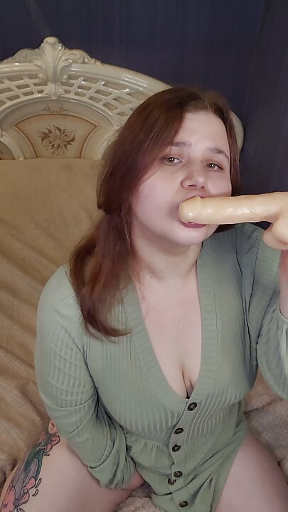 POV Blowjob with a Dildo a Chubby Redhead in a Dress