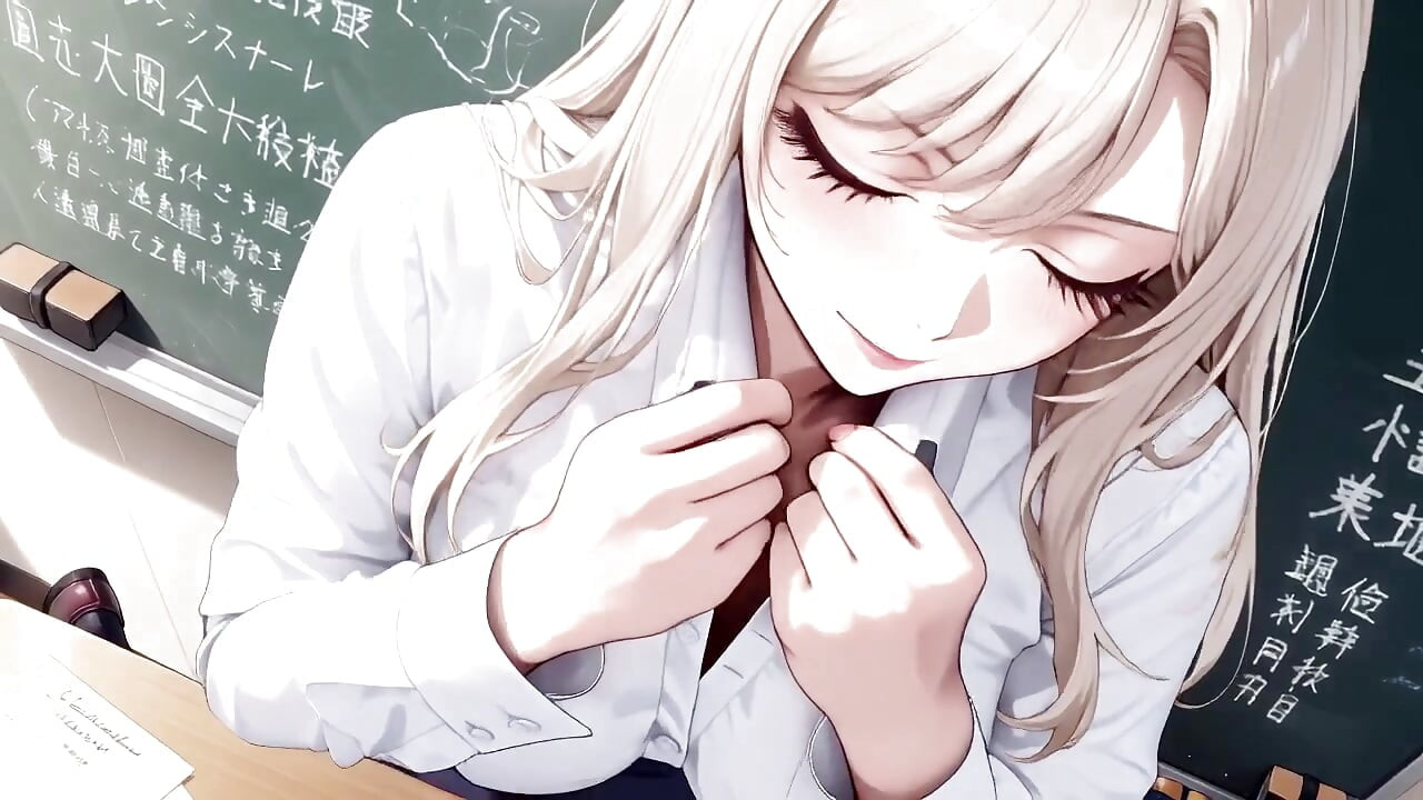 Blonde Teacher! The Fatal Seduction Under an Open White Shirt, lazily leaning on the classroom desk.
