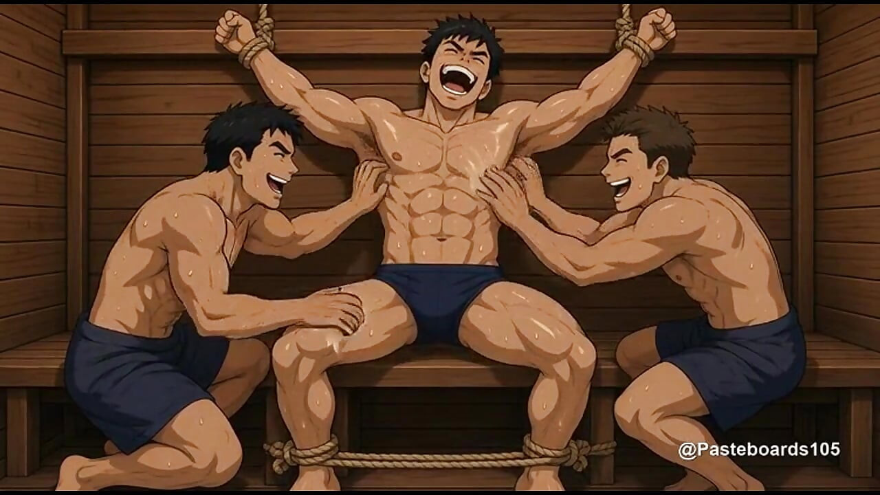 Sauna Bench Bound - Sweat-Slick Muscle Jock Tickled On Armpits And Abs (2D Anime Bara)