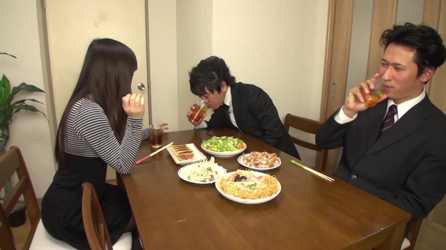 Japanese milf slut gives her cunt to her husband's coworker at dinner time!