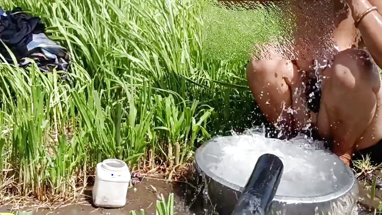 The desi stepsister of the village is bathing openly in the open field, bathing naked in the forest, brother-in-law is secretly