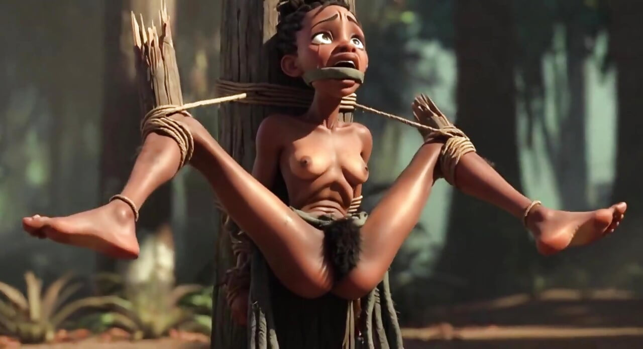 African Girl Bound in Rope Bondage - Owłosiona mokra cipka pragnie kutasa