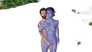 3D animierte sexvideos: Elfenmädchen-Vorspiel mit mann - küssen, Brüste, muschi reiben