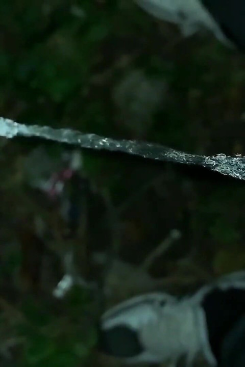 Slowmotion and Close up. Unwashed Uncut Cock Piss on the Ground Outdoor. Long Piss Stream