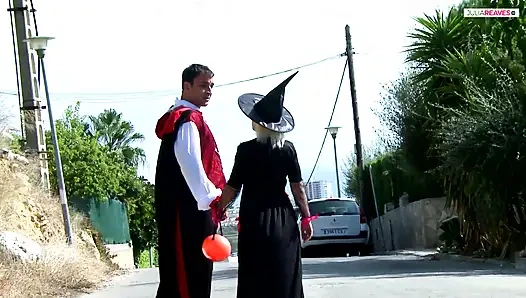 Big tits MILF sucks a huge cock while another thrusts her pussy in the wild