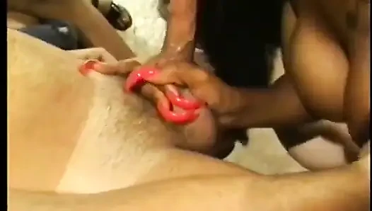 Four marvellous girls are doing one cock and licking each other's pussies