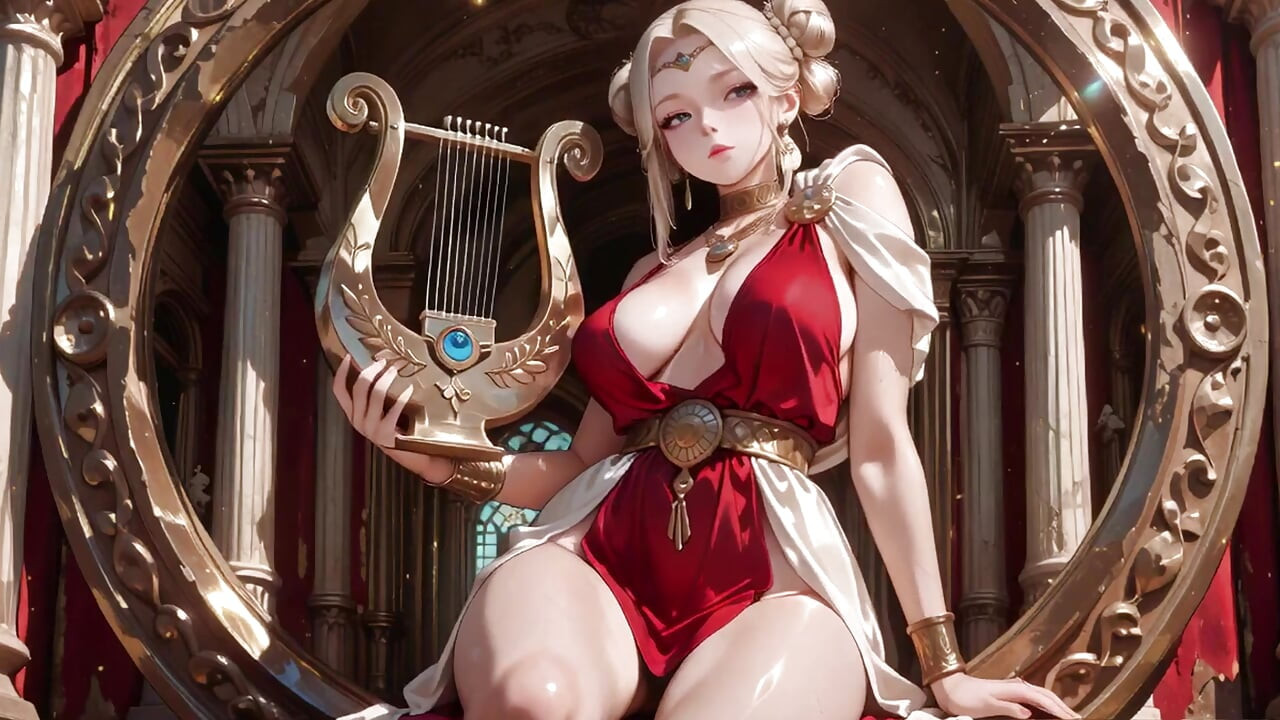 Blonde Goddess in Red! Forbidden Gaze in the Ancient Corridor, Deep V & High Slit teasing you.