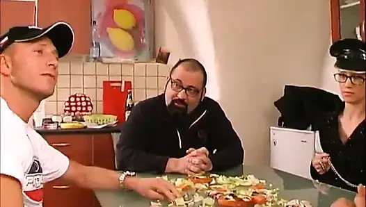 Sexy brunette babe big dick sucking in the kitchen...cum in mouth