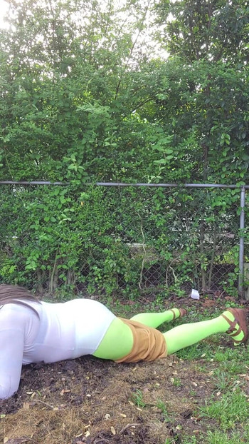 Memorable moment from "Gay crossdress tease, outdoors ground humping in pantyhose, black bra, miniskirt."