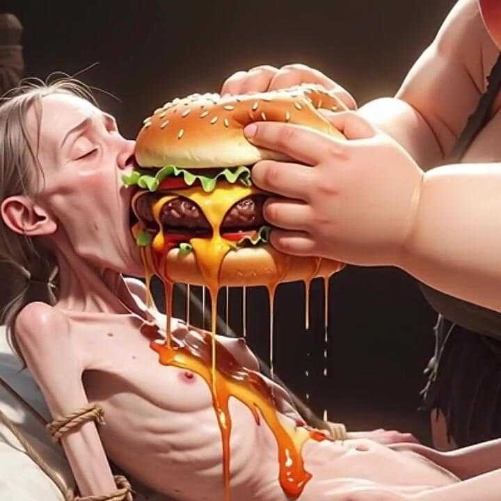 Chica extremadamente flaca alimentada por culona masiva - contraste extremo de alimentacion