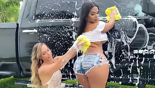 Amazing threesome with Rose Monroe and Kelsi Monroe in a Slutty Truck Wash then a crazy big booty threesome!