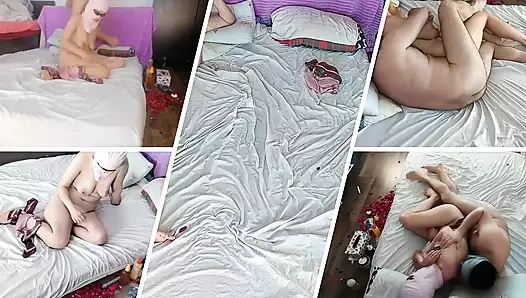 Amateur couple crazy sex in the bedroom. Sexy wife dries her hair.