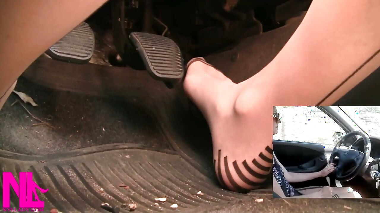 Sensual Driving and Pedal Pumping in Fancy Charmante Seamed Pantyhose