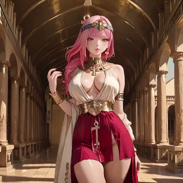 Inside the Golden Egyptian Temple, She Kneels in Her Red and White Robe, Sipping From a Golden Cup with Hazy Eyes.