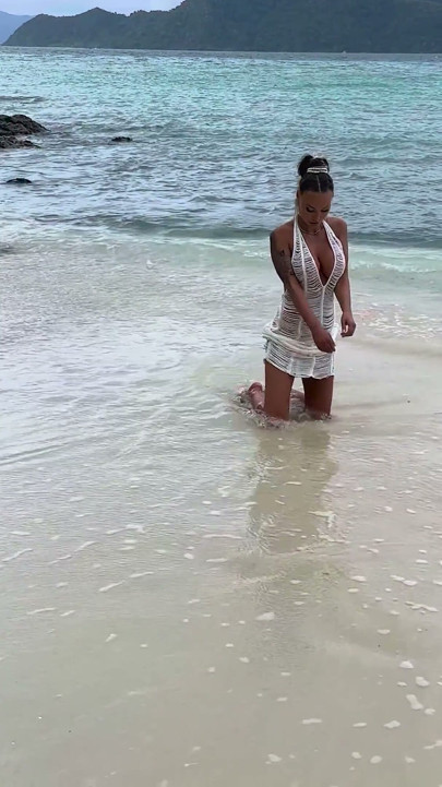 Monika Fox in Slutty White Dress on Beach