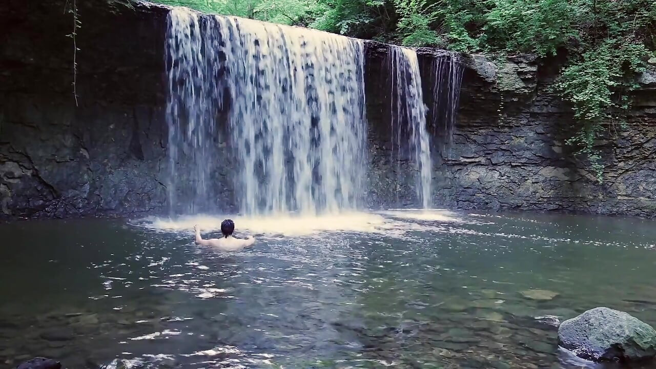 Muscular Asian Hunk Flexes in Speedo by Waterfall - Tight Ass & Hole Tease, Strips Naked & Explodes with Massive Cumshot
