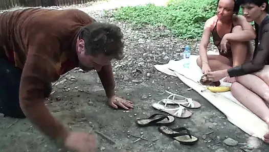 Picnic in the woods with a hungry begger