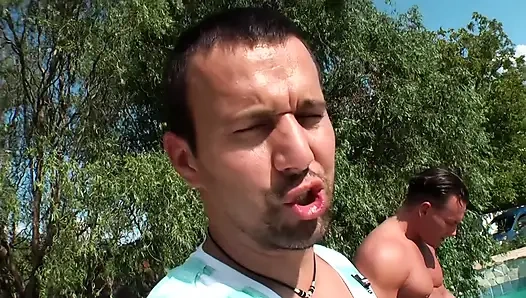 Outdoor Blonde DP Poolside Passion