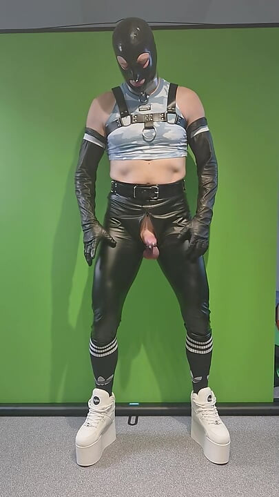 Rave outfit, Buffalo tower shoes, harness, leggings, latex gloves and mask. Inserting butt plug using precum
