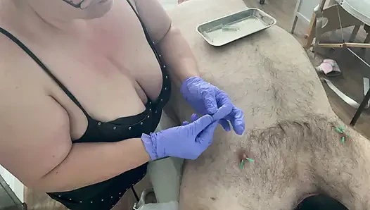Part 5:- Domina Satana does Medical play on here slave Dazzer. Starting with a 1ft Sound the needle play!