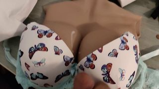 Cum on used big bra F cup on my fake boobs