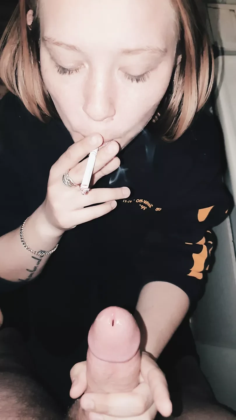 Slutty Blonde Teen Sucks and Smokes a Cigarette