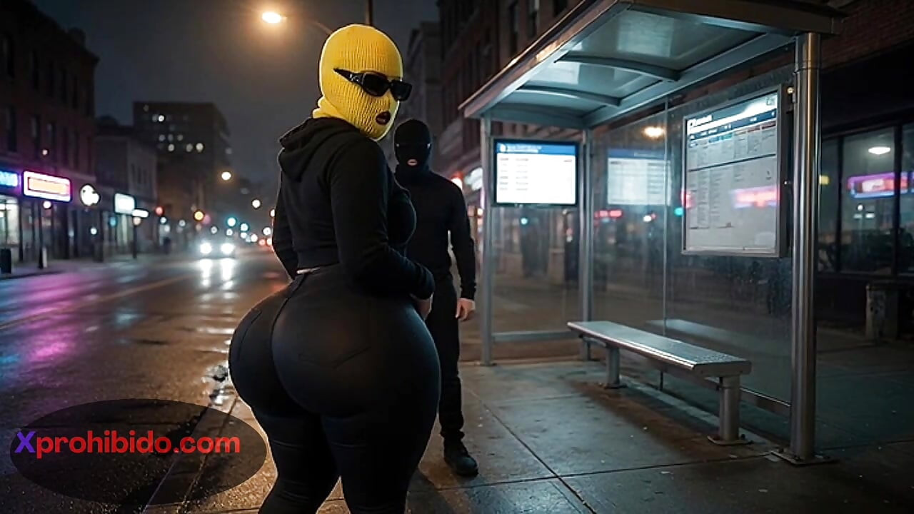 Mulher rabuda balançando a bunda enorme no ponto de ônibus