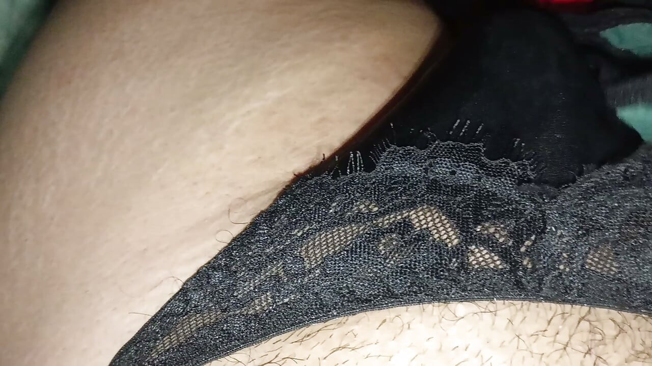 Cumming in my Step sisters Unwashed Black satin Thong while flexing her Other Silk and satin Thongs and T back