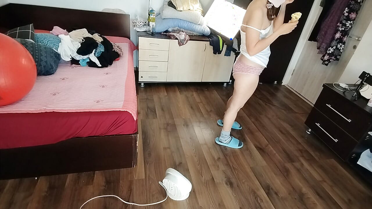 Sexy Brunette Having Fun Trying on Clothes. Sexy Mom Dances Naked Around the House.