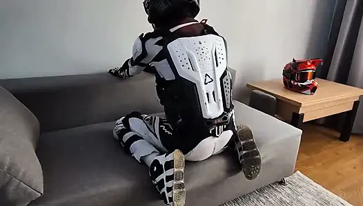 Motorcyclist in Gear Cum Hot on Himself