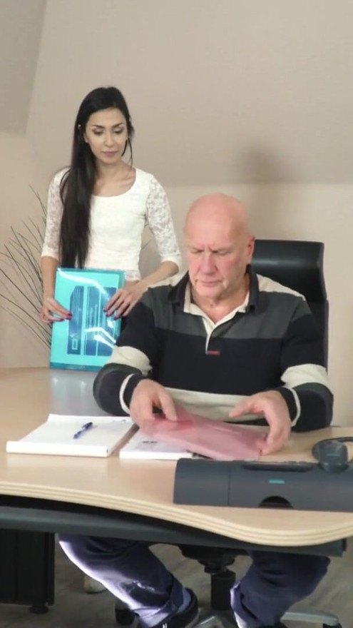 Old manager at the office fucks his two beautiful assistants | Clip 1