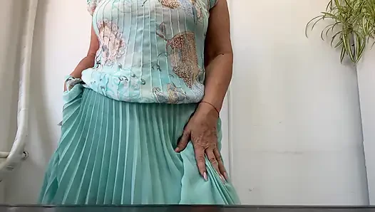 I'm horny again at the office and I lift my skirt and show my tits in public.