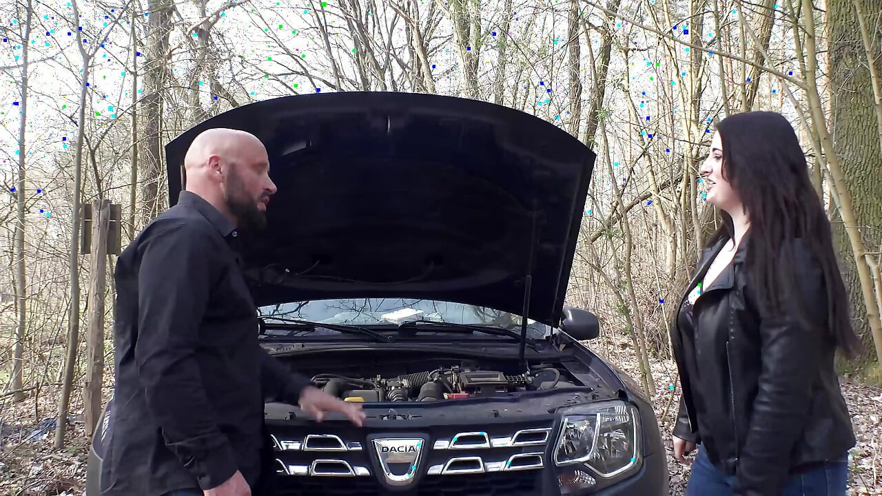 She sucks his cock and he helps her about the car