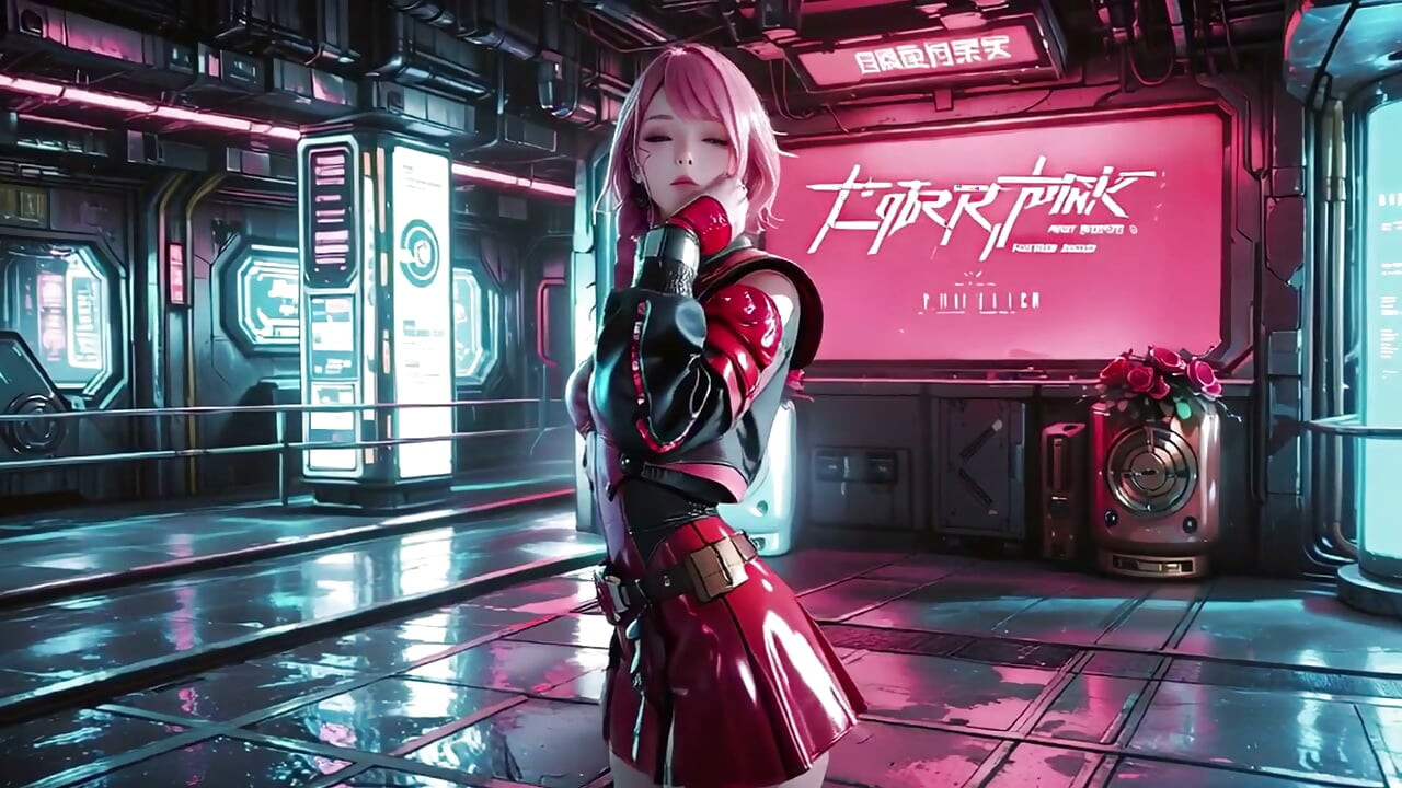 Pink-haired Mech Warrior! Kneeling in Neon Streets, Red Rose & Cold Armor Contrast, Fingertips tracing collarbones.