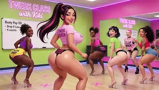 Sinnliche Twerking-Klasse mit üppigem Instructor, der fortgeschrittene Bewegungen an begeisterten Studenten unterrichtet (KI generiert)