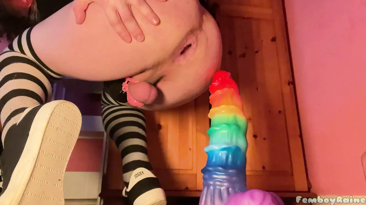 Chastity femboy Raine riding on XXXL MEPHISTO Dildo (FULL VIDEO)