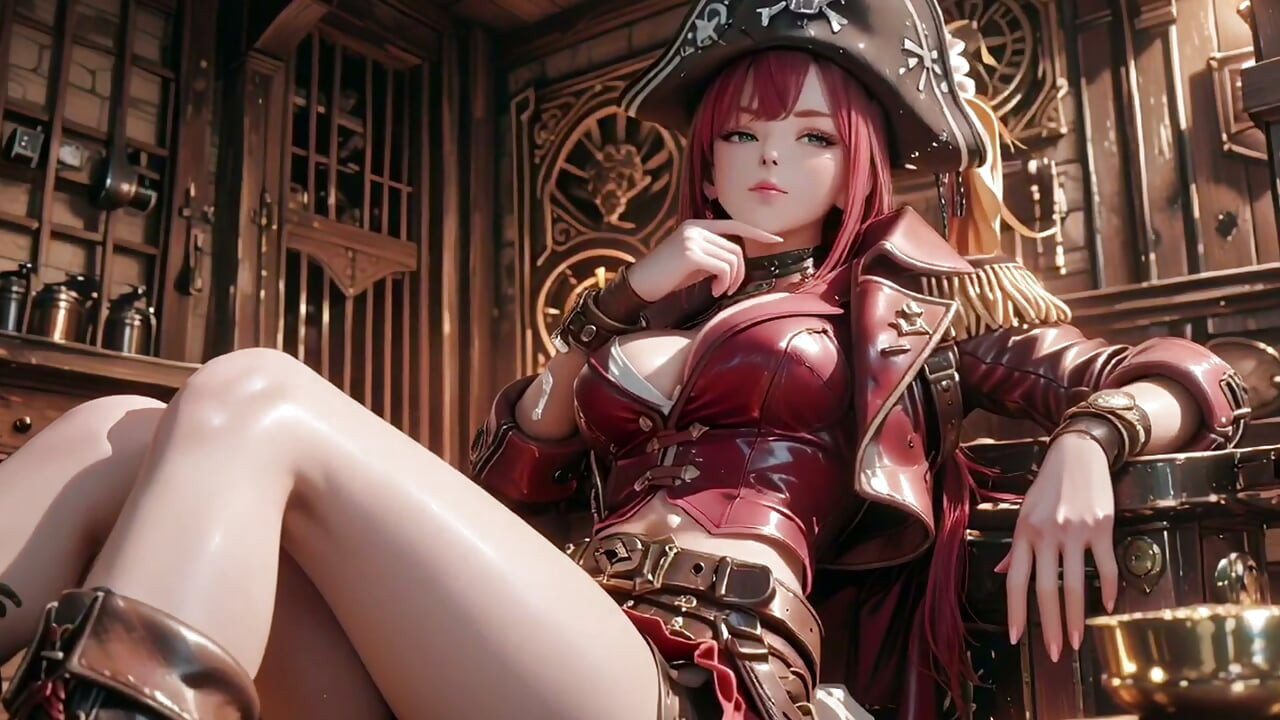 红发海盗女王！黄金船舱中的慵懒女神。跪姿凝视令人疯狂！