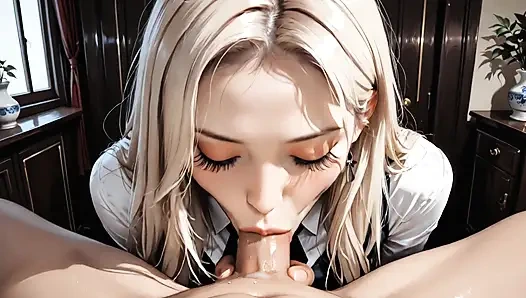 Blonde Colombian Blue Eyes Kneeling Sucking Thick Cock Of Her Boyfriend With Desire, Blowjob Deep Full Throat, Saliva Cumming