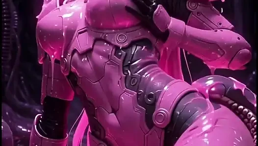 Pink Anime Mädchen elf in pinkem Kampfanzug , wird von Schläuchen eingerieben