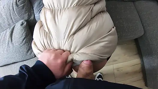Ripped Pantyhose Slut in Puffy Downjacket. Blowjob, Doggy and Double Cum on My Coats