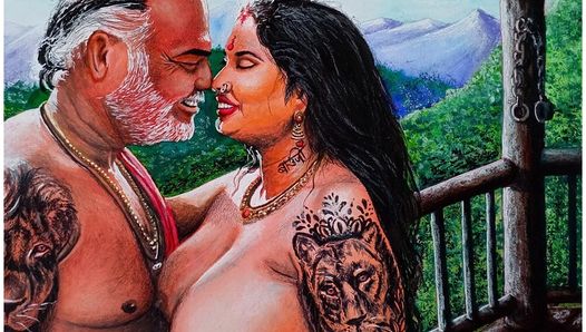 Art érotique ou dessin d’une desi indienne sexy en lune de miel avec son beau-père dans un lieu exotique