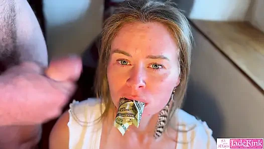 Stuffed her mouth with money, dick and cum on her face