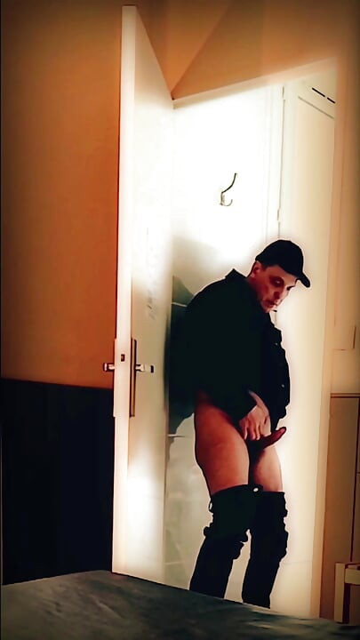 Jerk off and ass show in front of a door